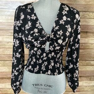 Floral Print Tie Front Long Sleeve Top